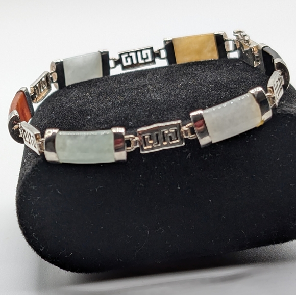 Vintage Chinese 925 Sterling Silver Muti-Color Jade & Chinese GOOD luck Bracelet - Picture 9 of 15